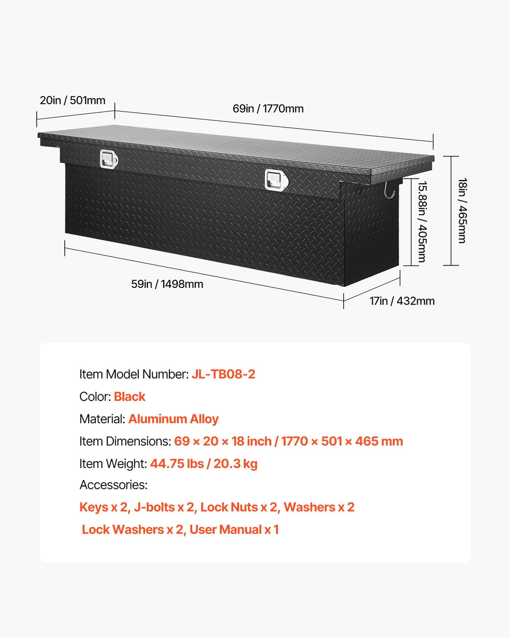 Vevor Truck Tool Box 69 x 20 x 18 in. Aluminum Diamond Texture with Lock New