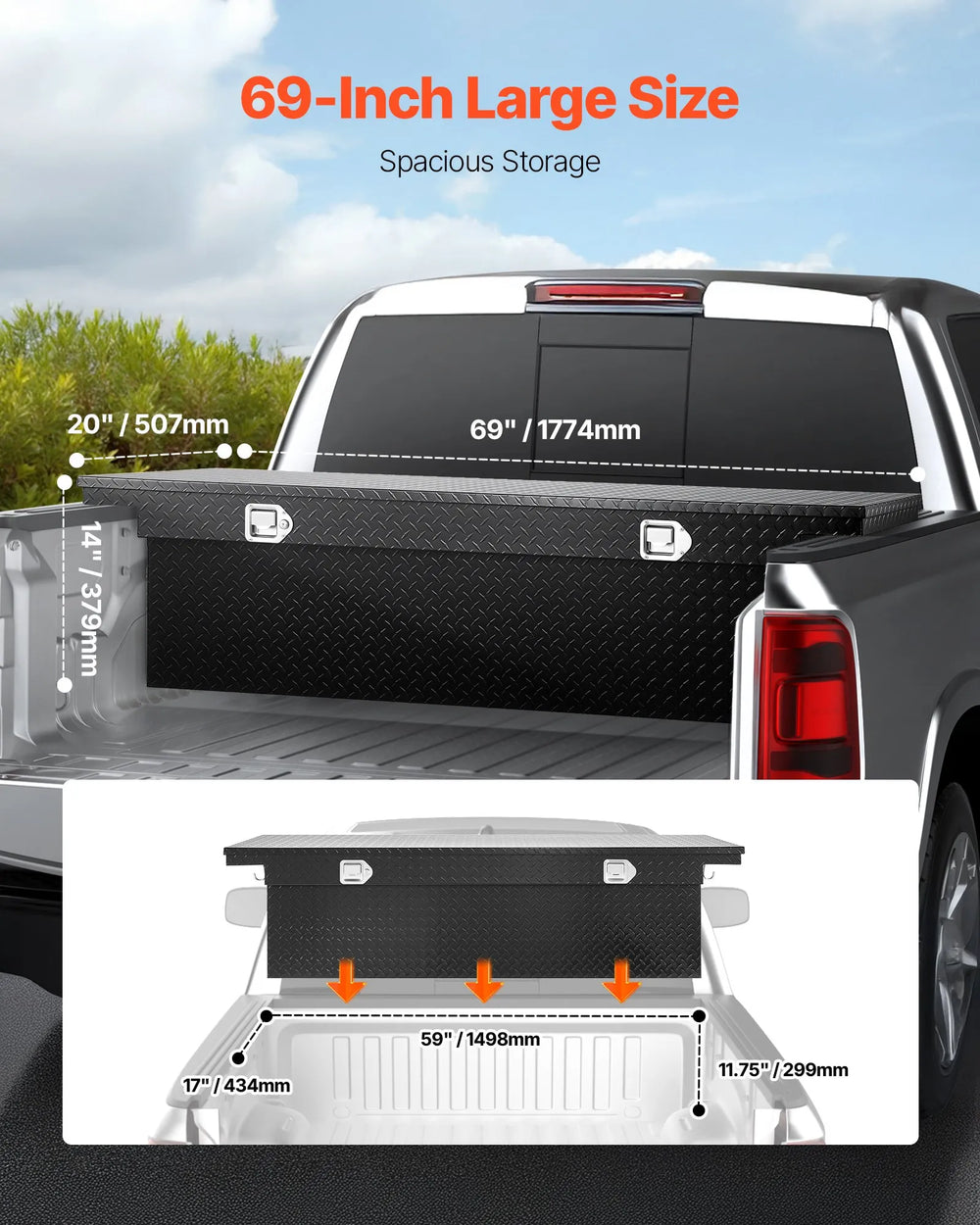 Vevor Truck Tool Box 69 x 20 x 14 in. Aluminum Diamond Texture with Lock New