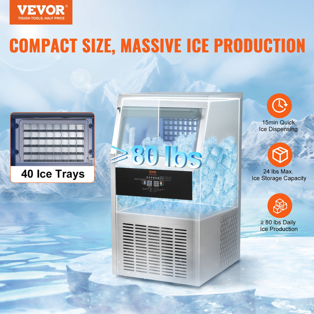 Vevor Commercial Ice Maker 80 Lbs/Day with 24 Lbs Storage Capacity New