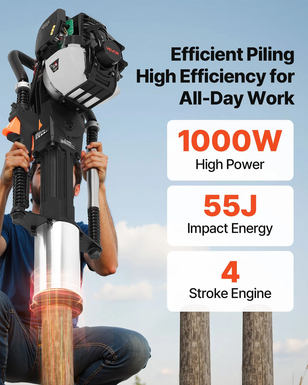 Vevor Post Driver 55J Impact Energy 37cc Gas Powered 4-Stroke with 3 Sleeves New