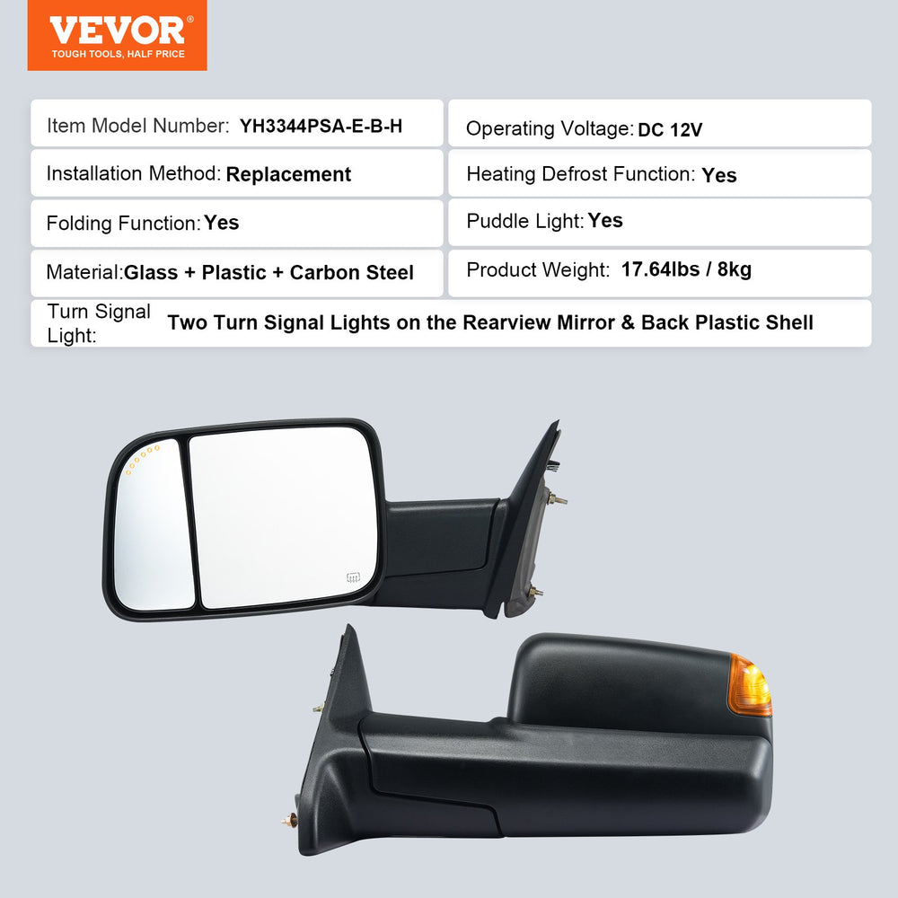 Vevor Towing Mirrors Power Heated with Turn Signal and Puddle Light for Dodge Ram New
