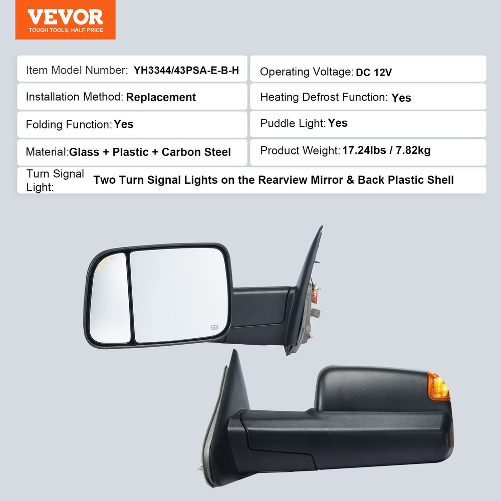 Vevor Towing Mirrors Power Heated with Signal & Puddle Light for Dodge Ram 2002-2008 New