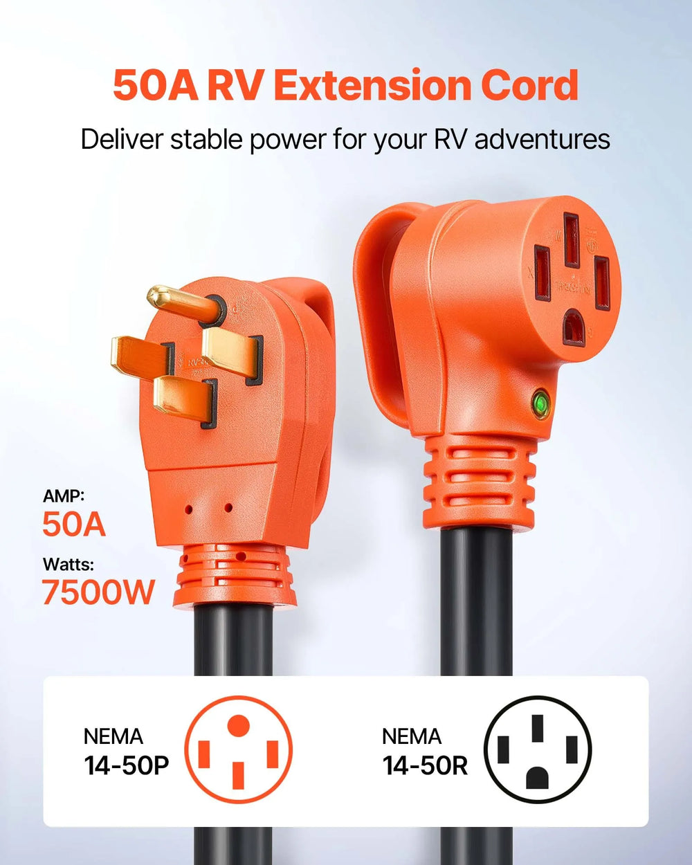 Vevor RV Extension Cord 100 Ft. 50 Amp 125V 7500W NEMA 14-50P/14-50R Plug New