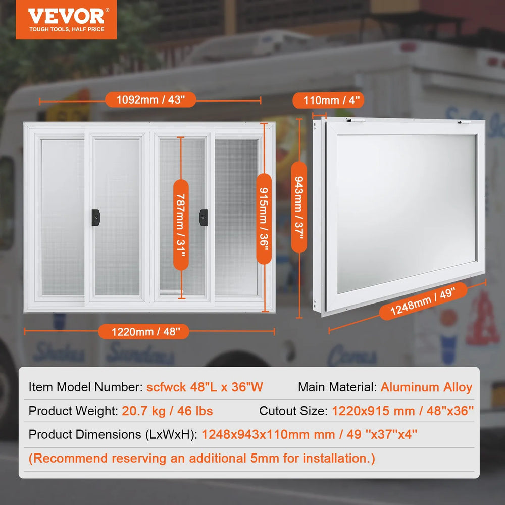 Vevor Concession Window 48" x 36" with 4 Horizontal Sliding Panes and Awning Door New