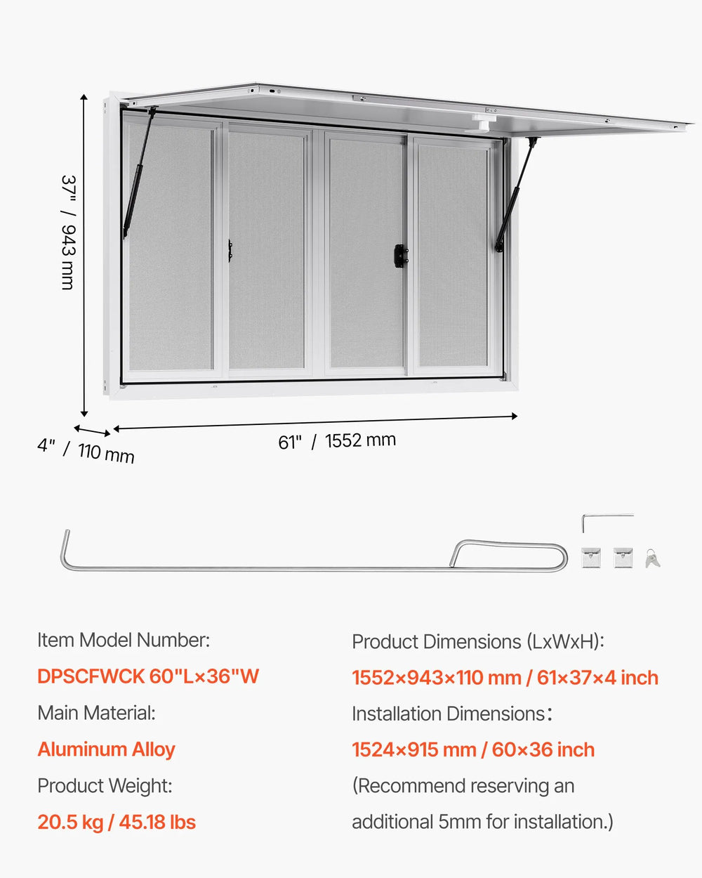 Vevor Concession Window 60" x 36" with 4 Sliding Windows and Awning Door New