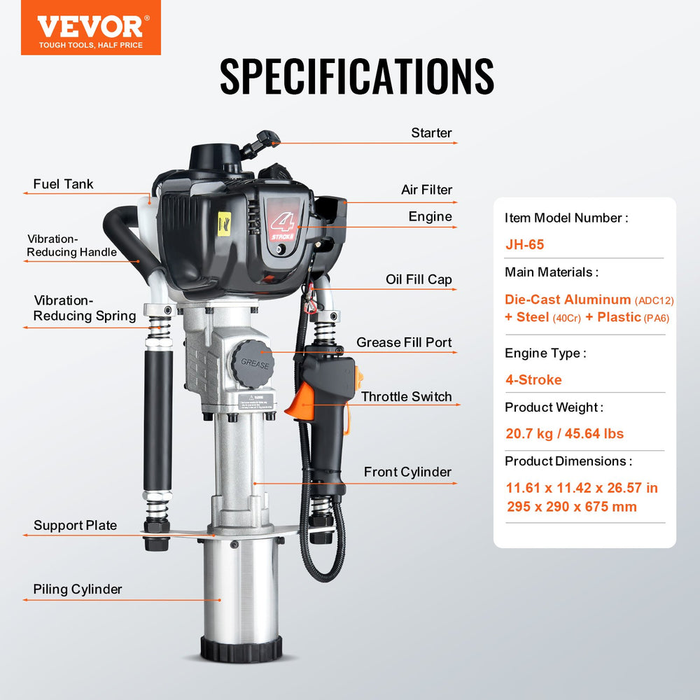 Vevor Post Driver 35J Impact Energy 37.77cc Gas-Powered 4-Stroke with 3 Piling Sleeves New