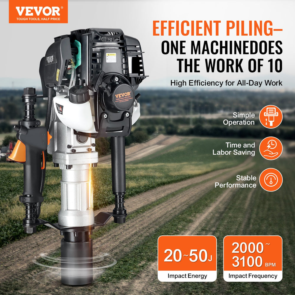 Vevor Post Driver 50J Impact Energy 37.77cc Gas-Powered 4-Stroke with 2 Piling Sleeves New
