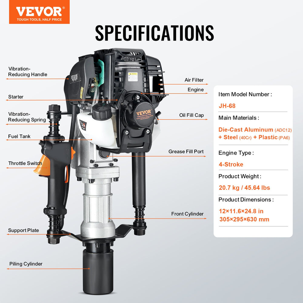 Vevor Post Driver 50J Impact Energy 37.77cc Gas-Powered 4-Stroke with 2 Piling Sleeves New