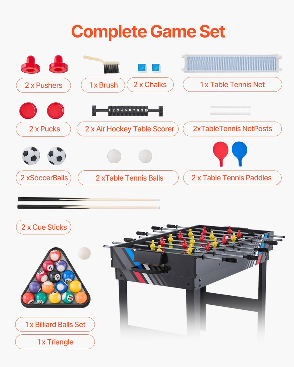 Vevor 4-in-1 Combo Game Table Hockey Foosball Ping Pong Billiards 48" New