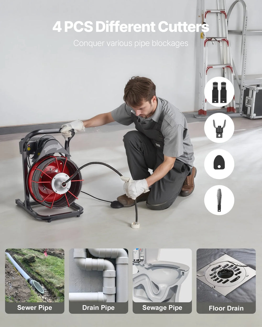 Vevor Drain Cleaner 3/8 in. x 75 ft. Manual Feed Open Drum with 4 Cutters Air Foot Switch New