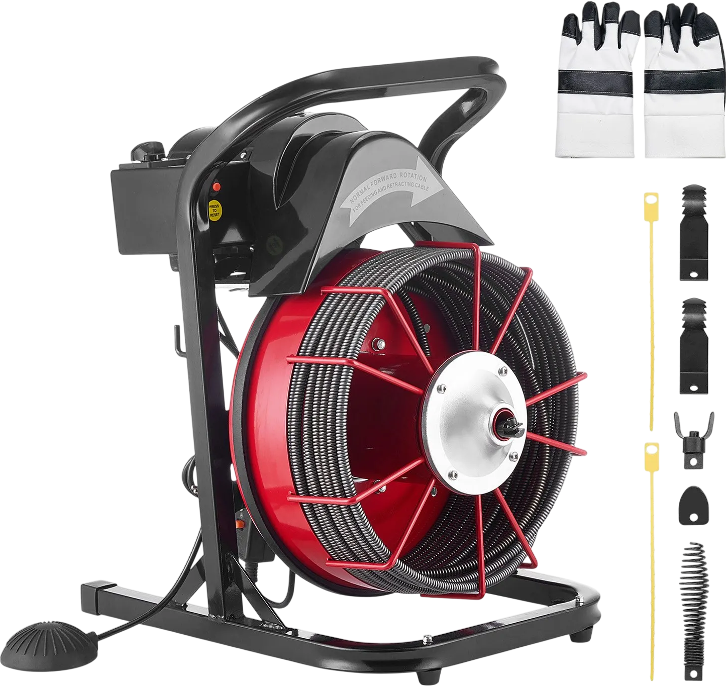 Vevor Drain Cleaner 3/8 in. x 75 ft. Manual Feed Open Drum with 4 Cutters Air Foot Switch New