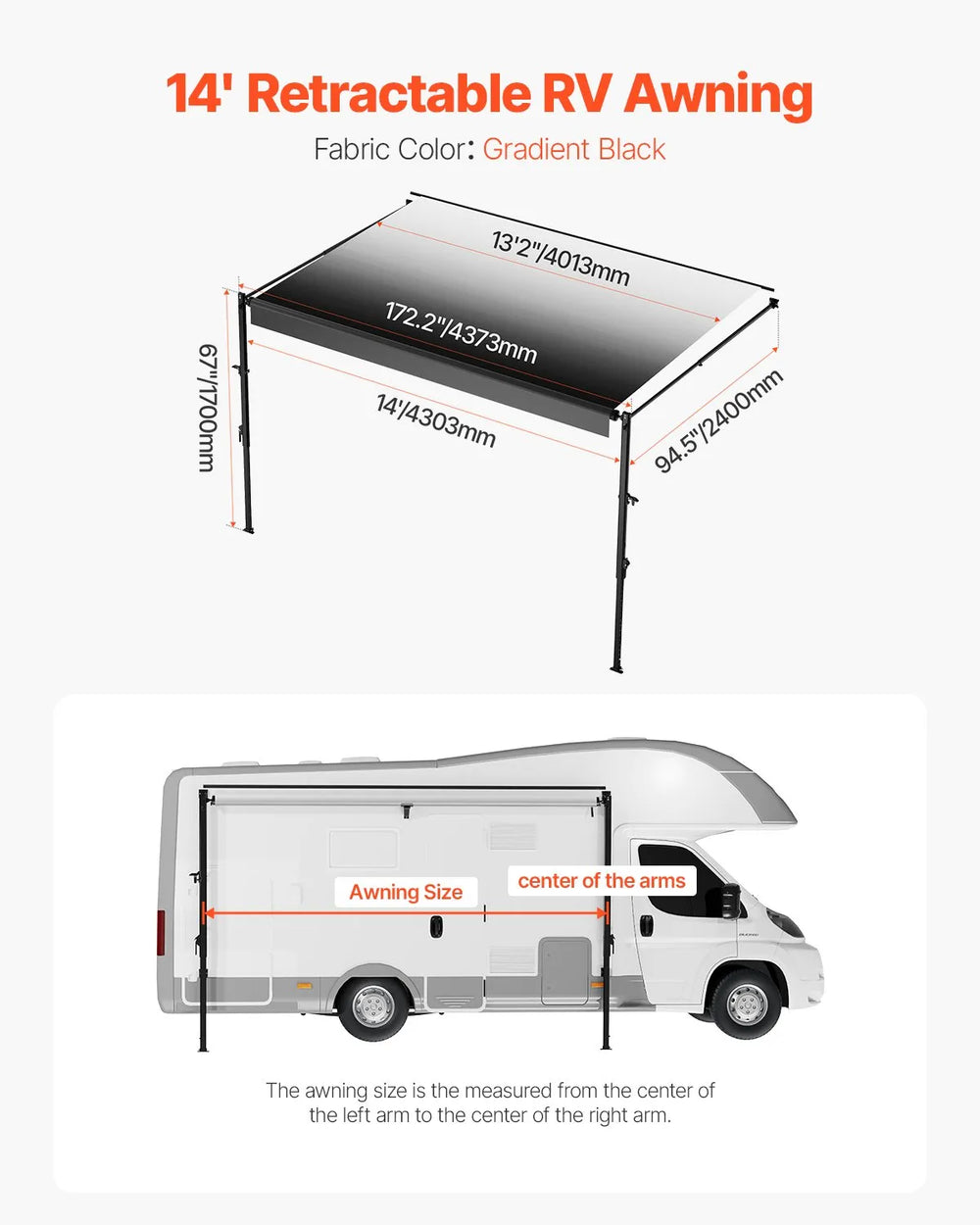 Vevor RV Awning Replacement 14 Ft. Manual Open/Close for DC12V Vehicles New