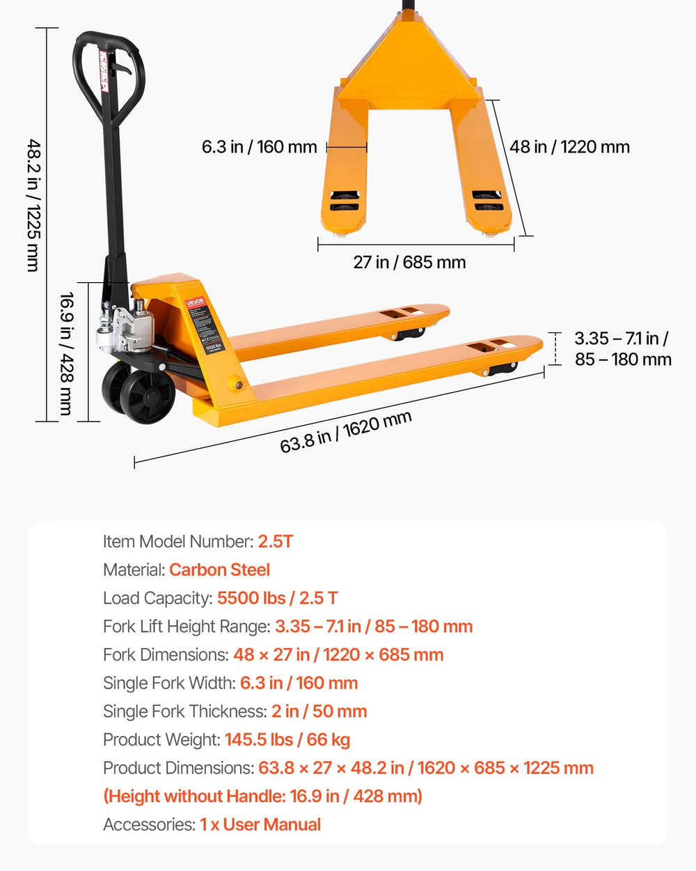 Vevor Manual Pallet Jack with 48" x 27" Forks 5500 Lbs Load Capacity New