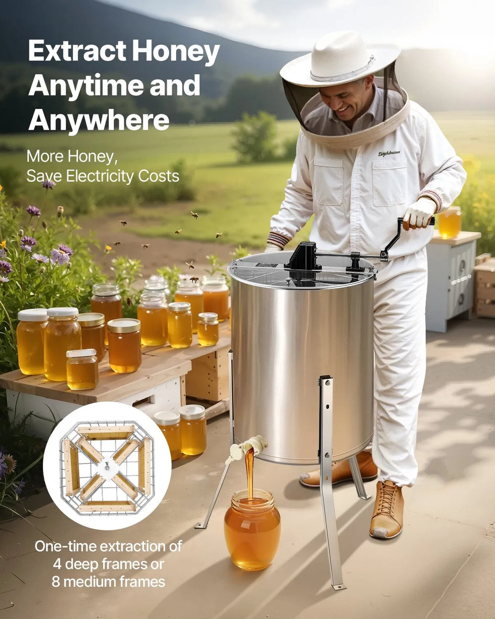 Vevor Honey Extractor Manual Spinner 4/8 Frame Capacity Stainless Steel New