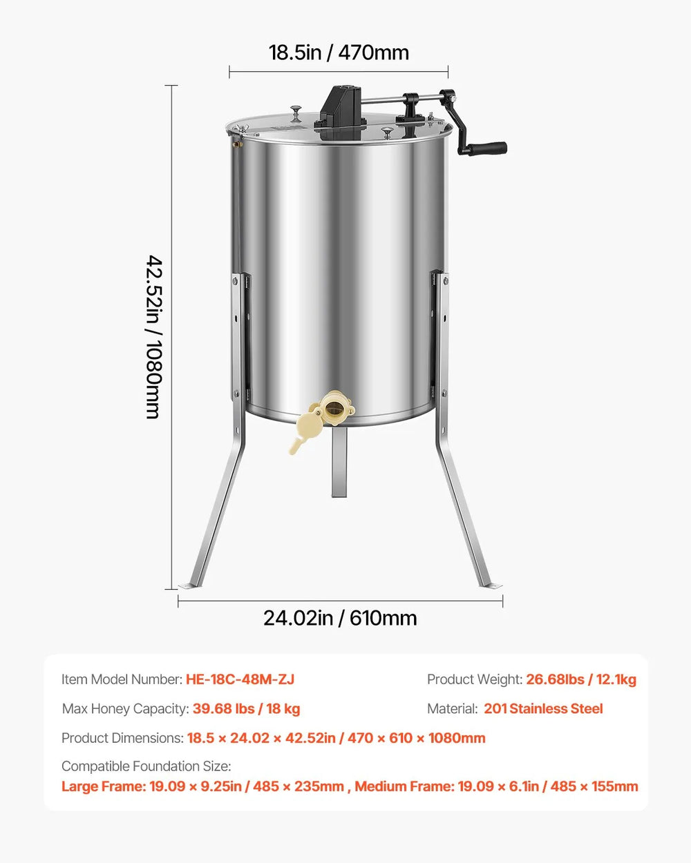 Vevor Honey Extractor Manual Spinner 4/8 Frame Capacity Stainless Steel New