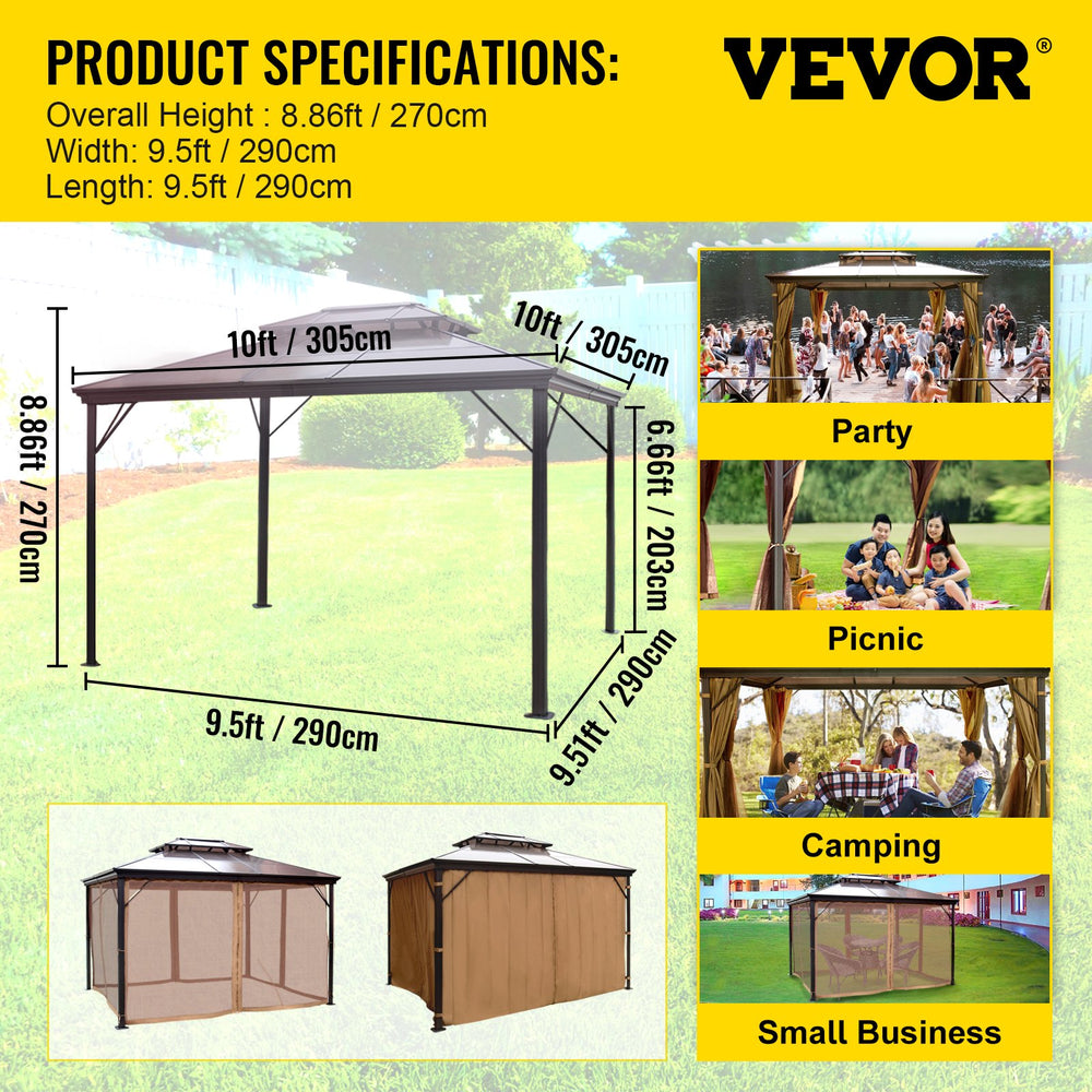 Vevor Hardtop Gazebo 10' x 10' Aluminum Permanent Double Tier Roof with Netting New