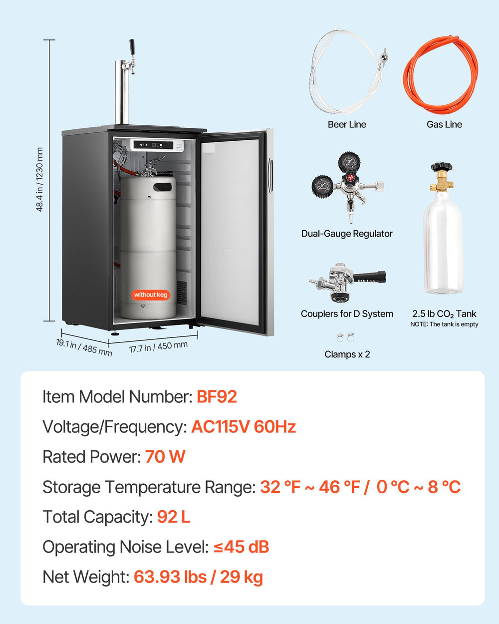 Vevor Beer Kegerator Single Tap with Temp Control for 1/6 Keg 92L New