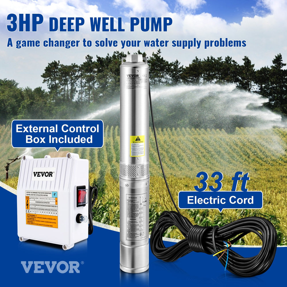 Vevor Deep Well Submersible Pump 3HP 37 GPM 640 Ft Head Lift New