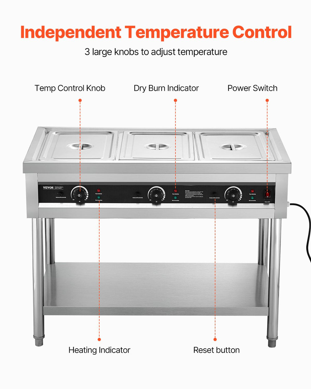 Vevor Commercial Food Warmer 3-Pan Steam Table with Independent Temp Control 120V New
