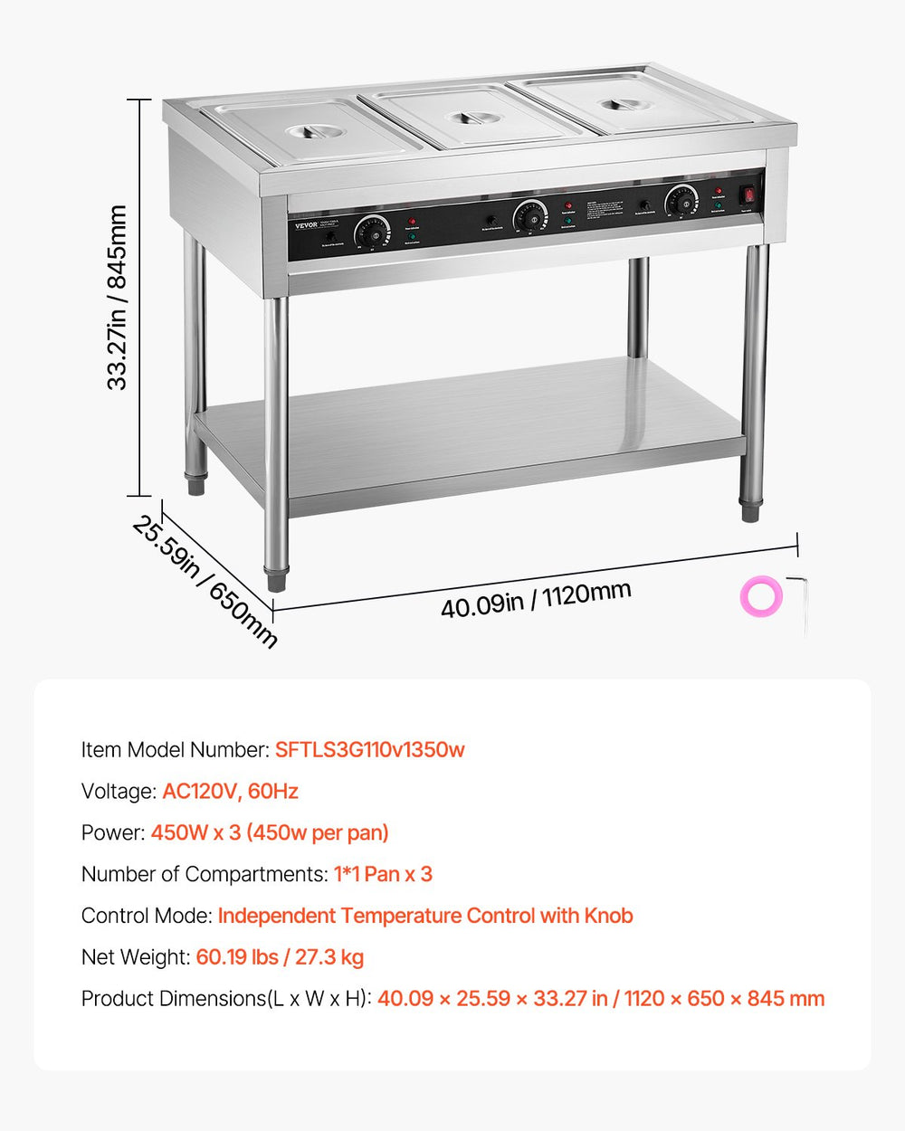 Vevor Commercial Food Warmer 3-Pan Steam Table with Independent Temp Control 120V New