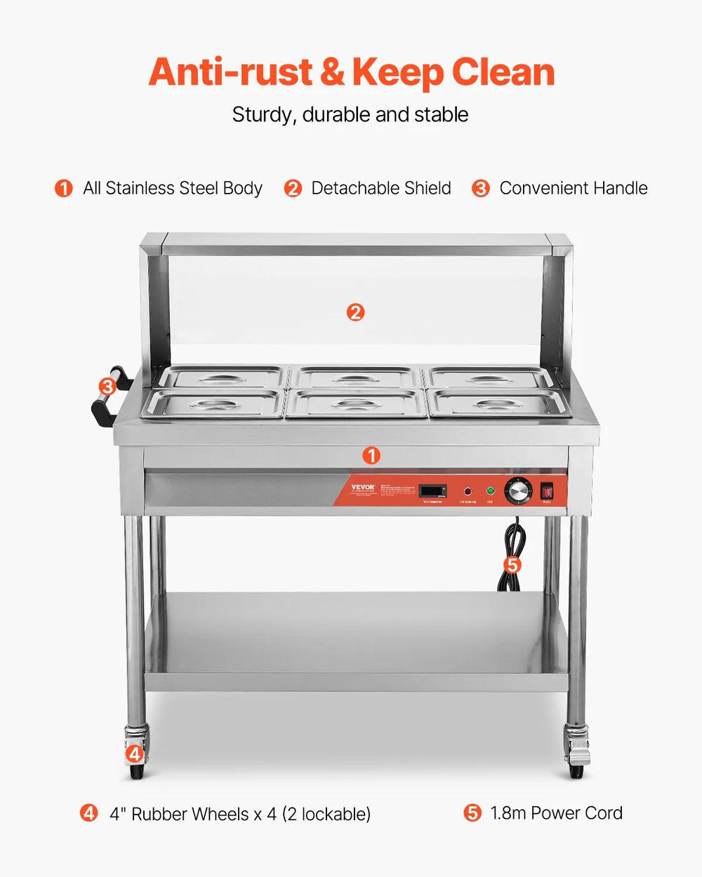 Vevor Commercial Electric Steam Table 6 × 1/2 Pans Warmer with Shield & Undershelf New