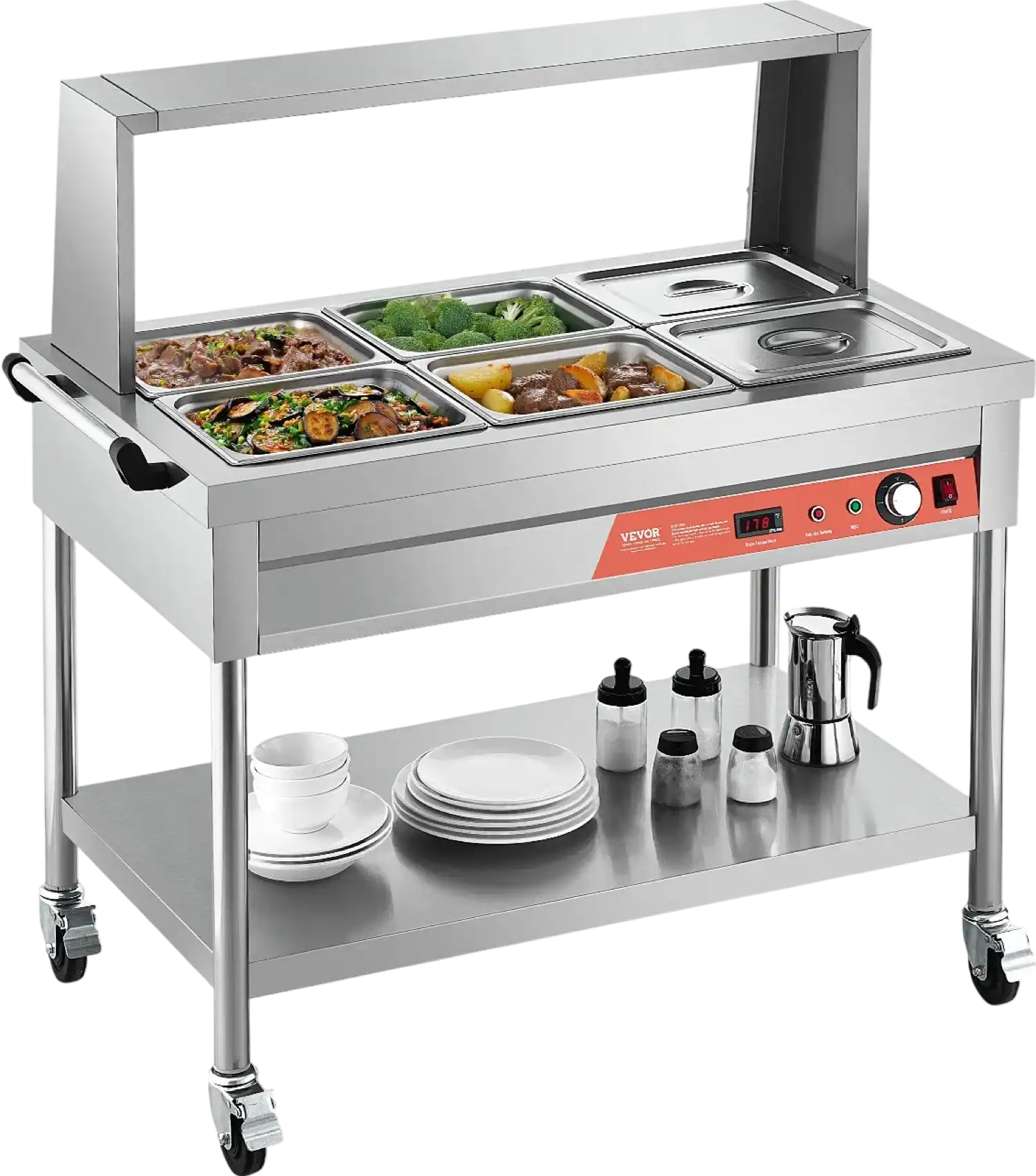 Vevor Commercial Electric Steam Table 6 × 1/2 Pans Warmer with Shield & Undershelf New