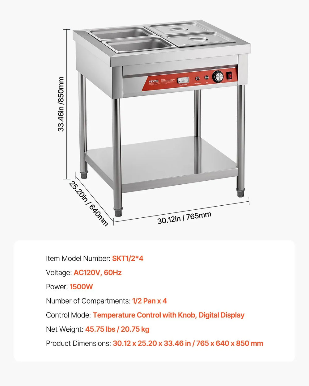 Vevor Commercial Electric Steam Table 4 × 1/2 Pans Food Warmer with Undershelf New