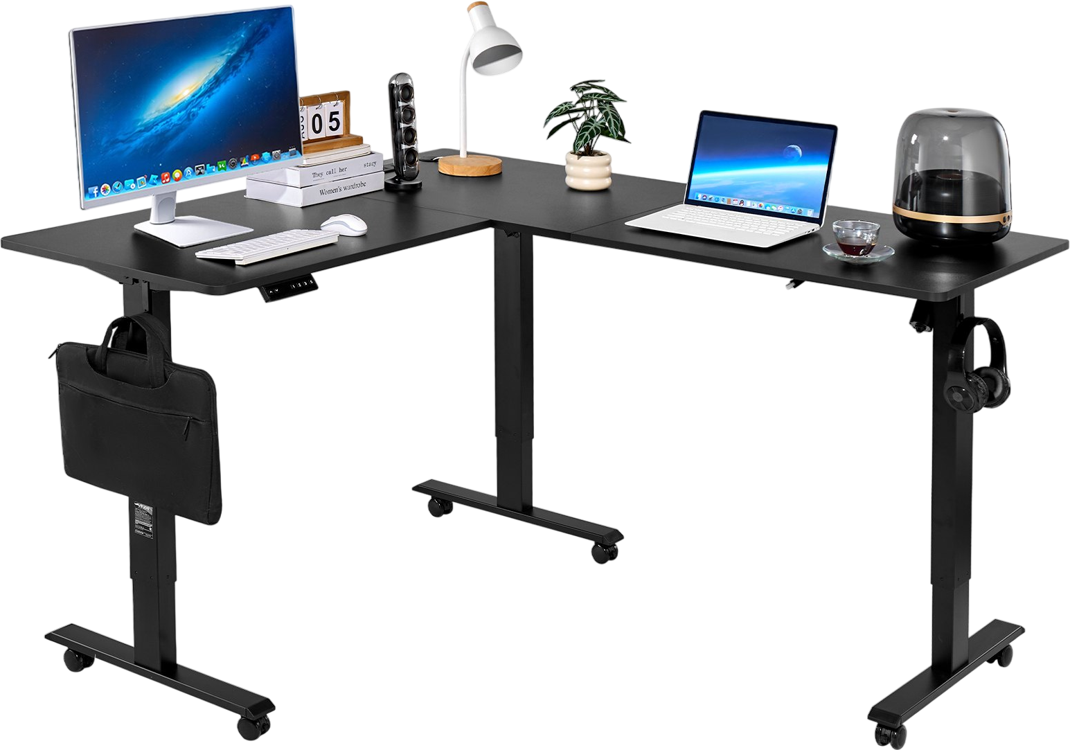 Vevor Electric Desk 63 x 55 in. L-Shaped with Power Strip Wheels Dual Hooks New