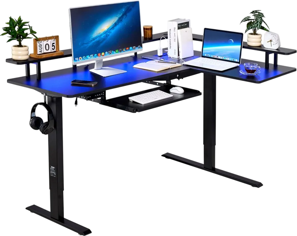 Vevor Electric Desk 63 x 43 in. L-Shaped with Keyboard Tray Light Strip and Power Strip New