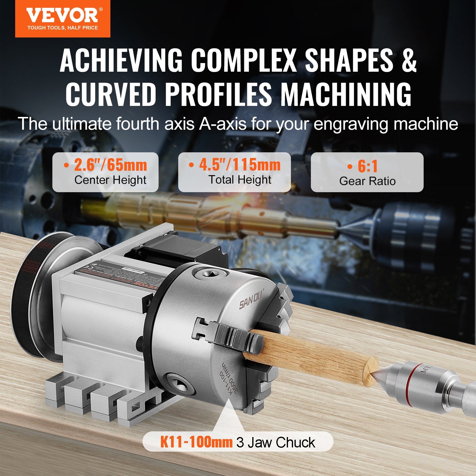 Vevor Dividing Head K11-100mm 3-Jaw Chuck CNC Router