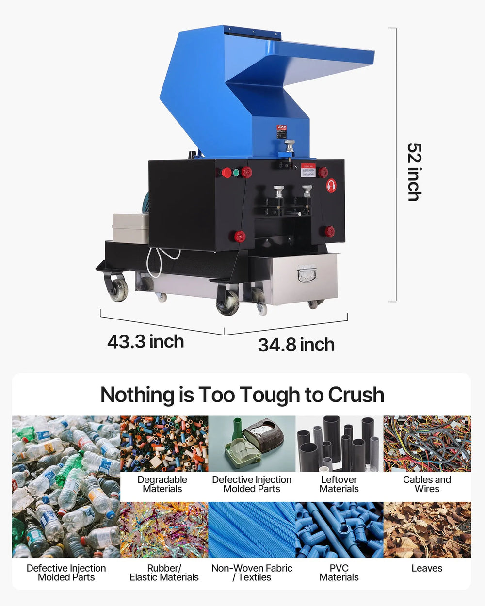 Vevor Plastic Shredder Crusher 10 HP Recycling Machine for PVC PTFE 220V New