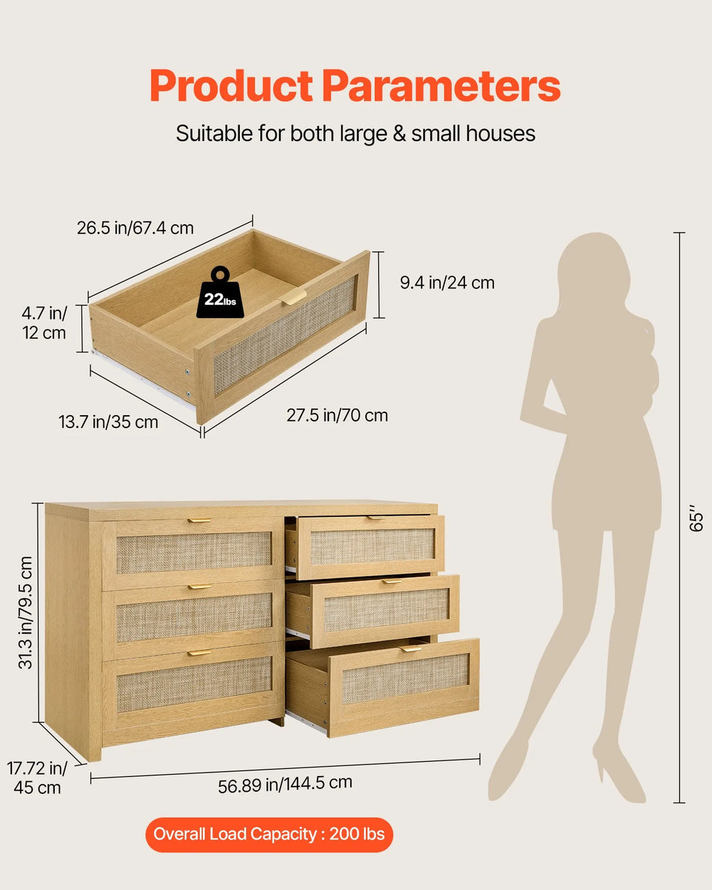 Vevor Double Dresser 59 in. 6-Drawer Rattan with Metal Handles New
