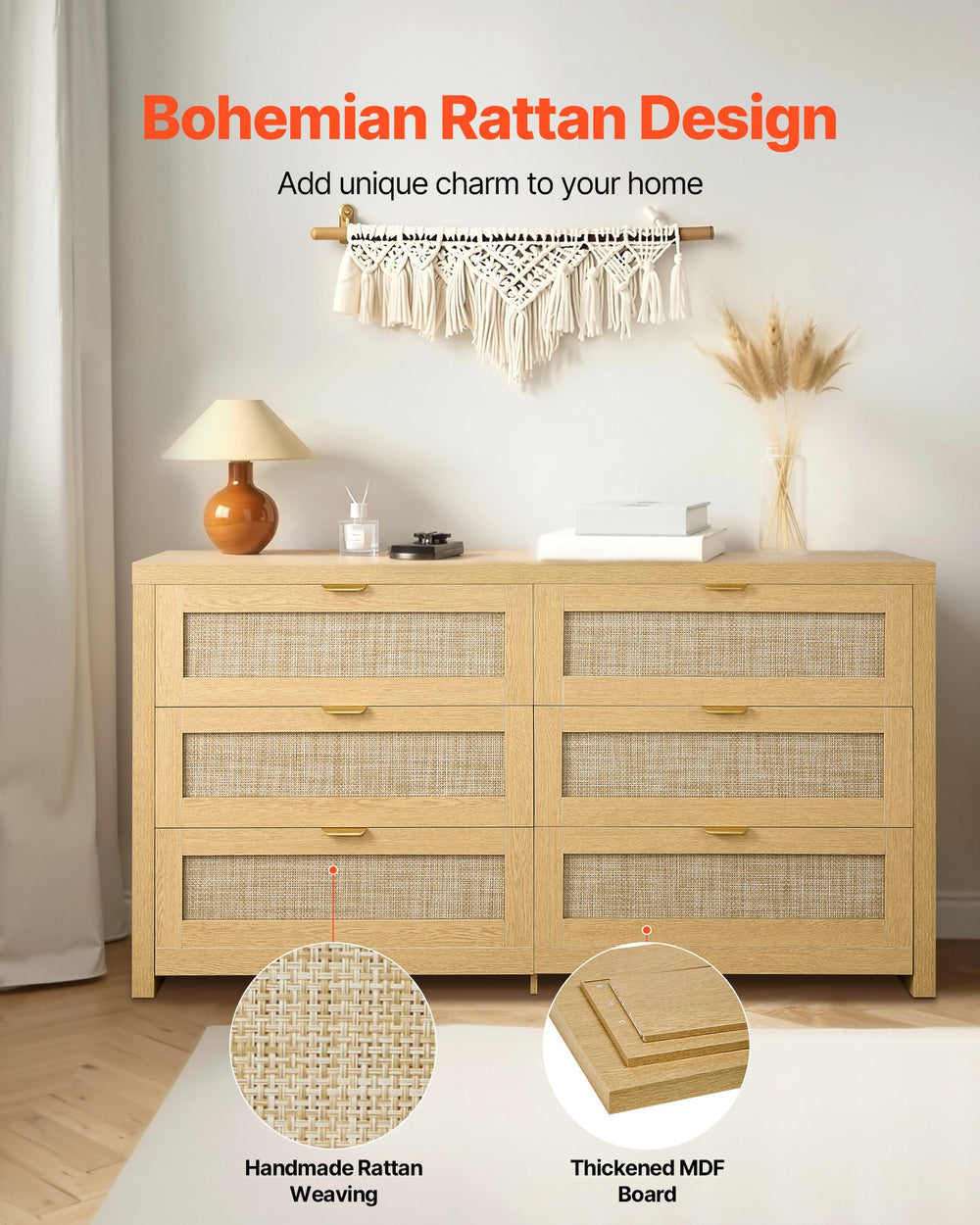 Vevor Double Dresser 59 in. 6-Drawer Rattan with Metal Handles New