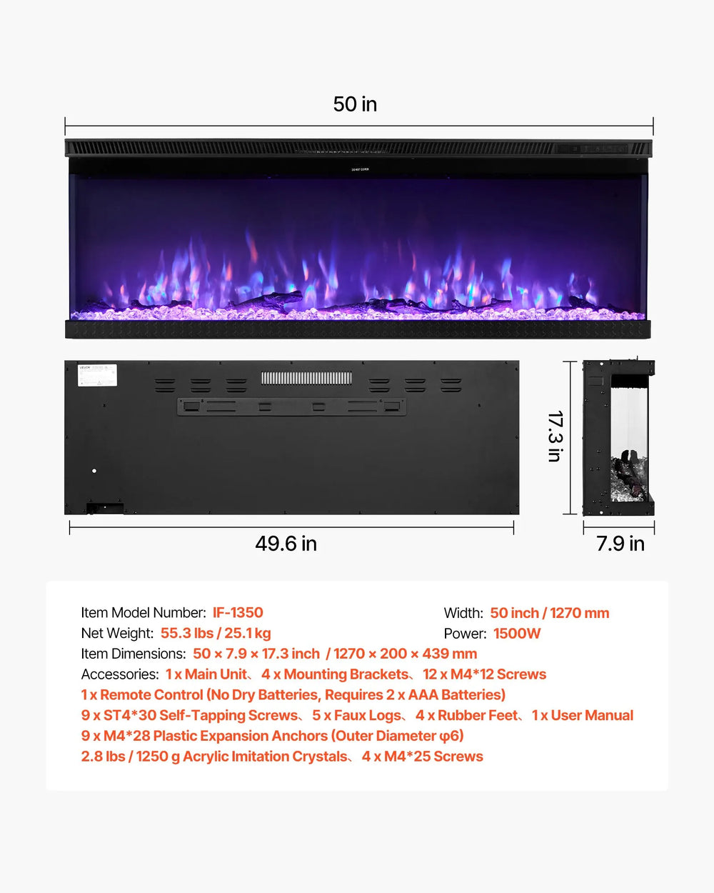 Vevor Electric Fireplace 50" Three-Sided Glass Adjustable Flame 2 Heat Levels 1500W New