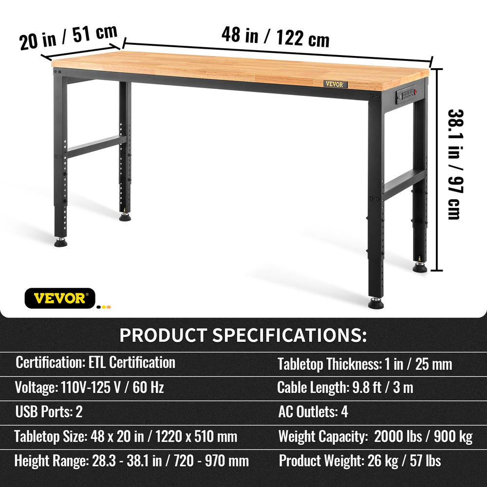 Vevor Workbench 48" x 20" with Adjustable Height 2000 Lbs Load Capacity New