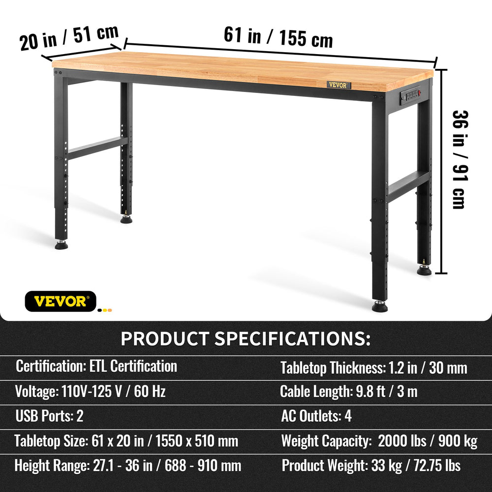 Vevor Workbench 61" x 20" with Adjustable Height 2000 Lbs Load Capacity New