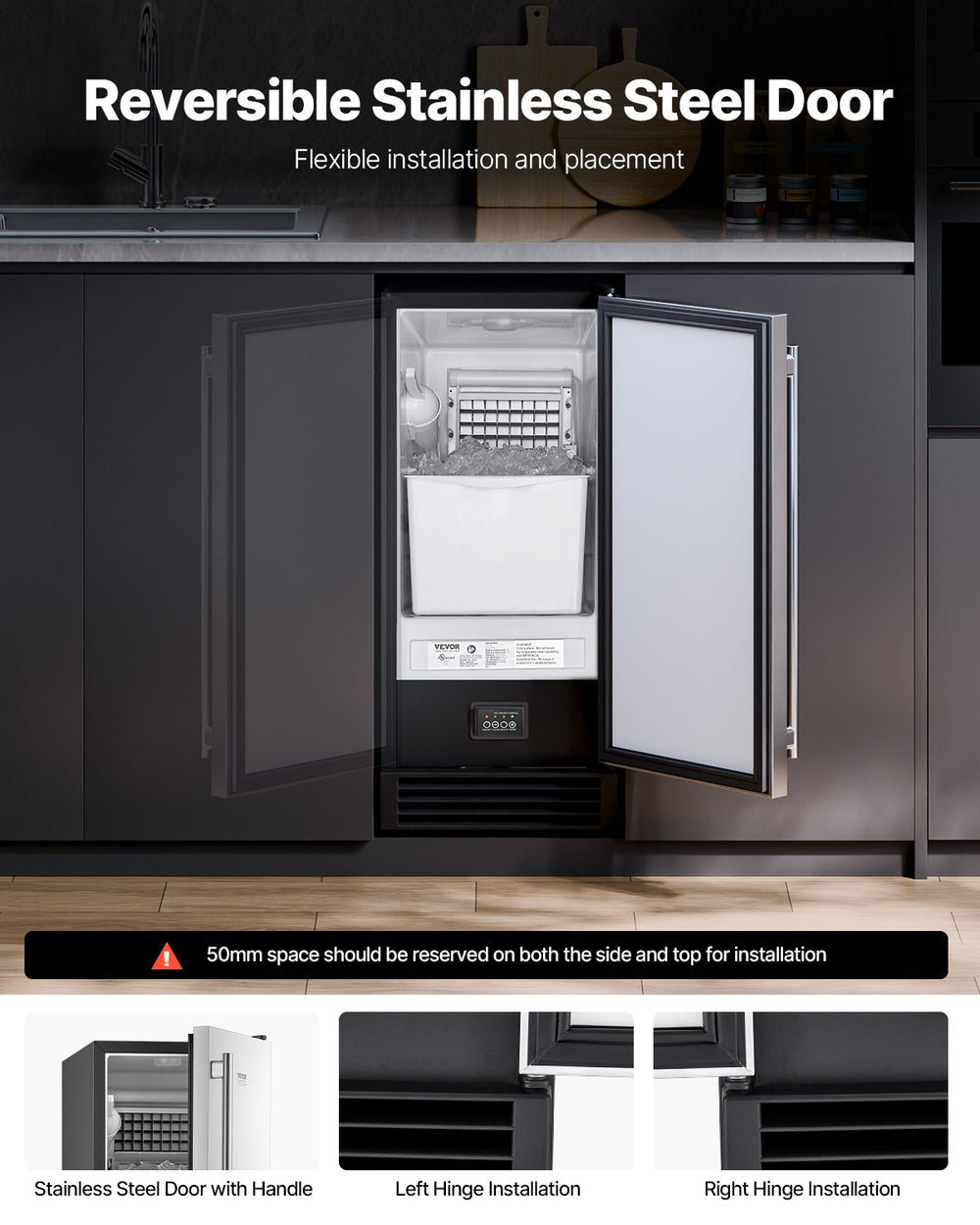 Vevor Undercounter Ice Maker 50 Lbs/Day with Drain Pump 22 Lbs Storage Capacity New