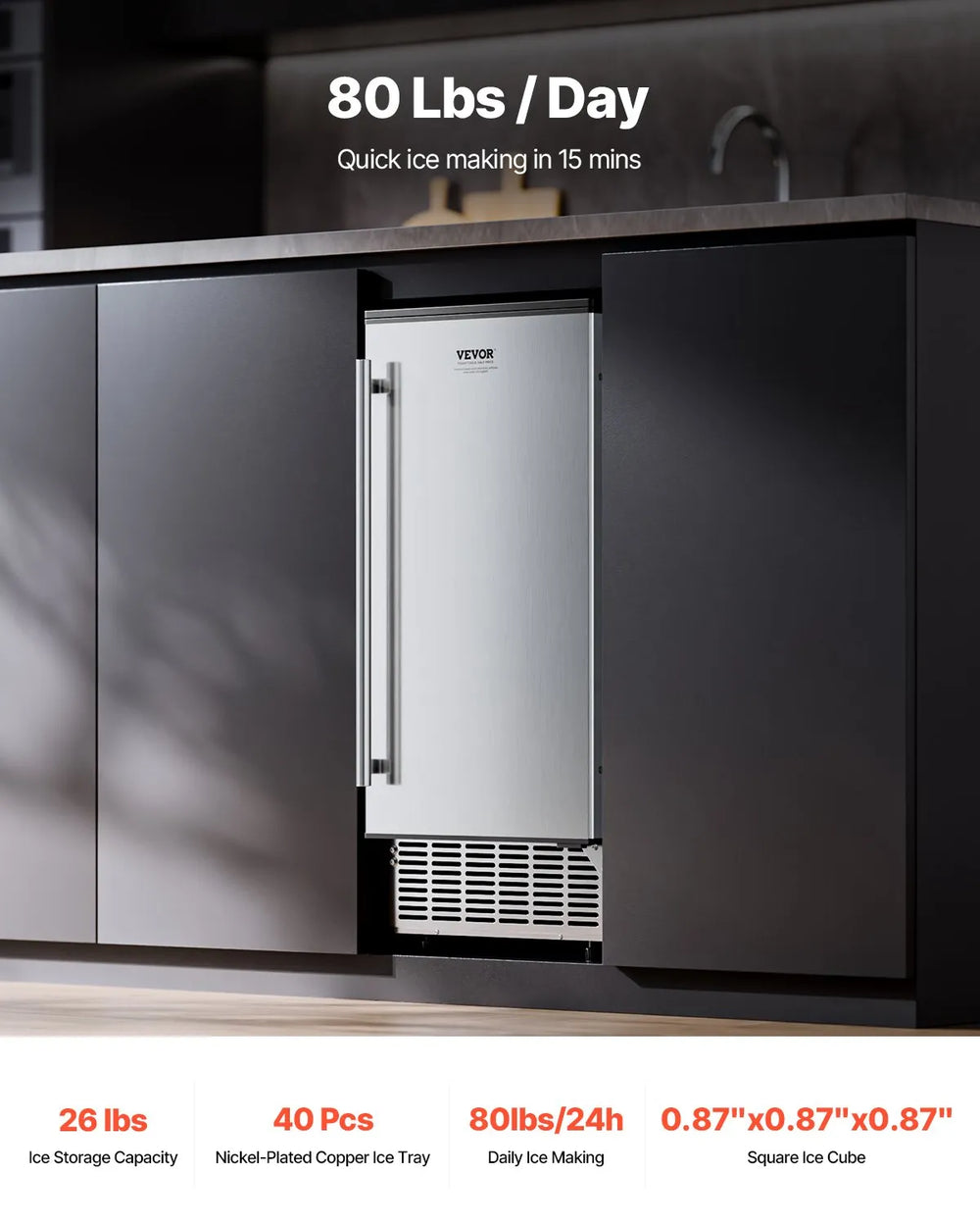 Vevor Undercounter Ice Maker 80 lbs/Day with 26 lbs Storage Reversible Door New