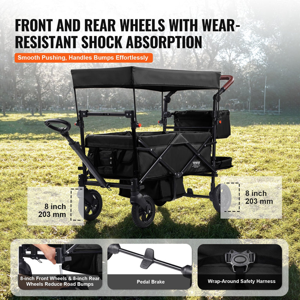 vevor wagon stroller VEVOR Wagon Stroller for 2 Kids Collapsible Push Pull Tandem Stroller With Adjustable Handle Removable Canopy 4 Wheels With Brakes Dark Grey