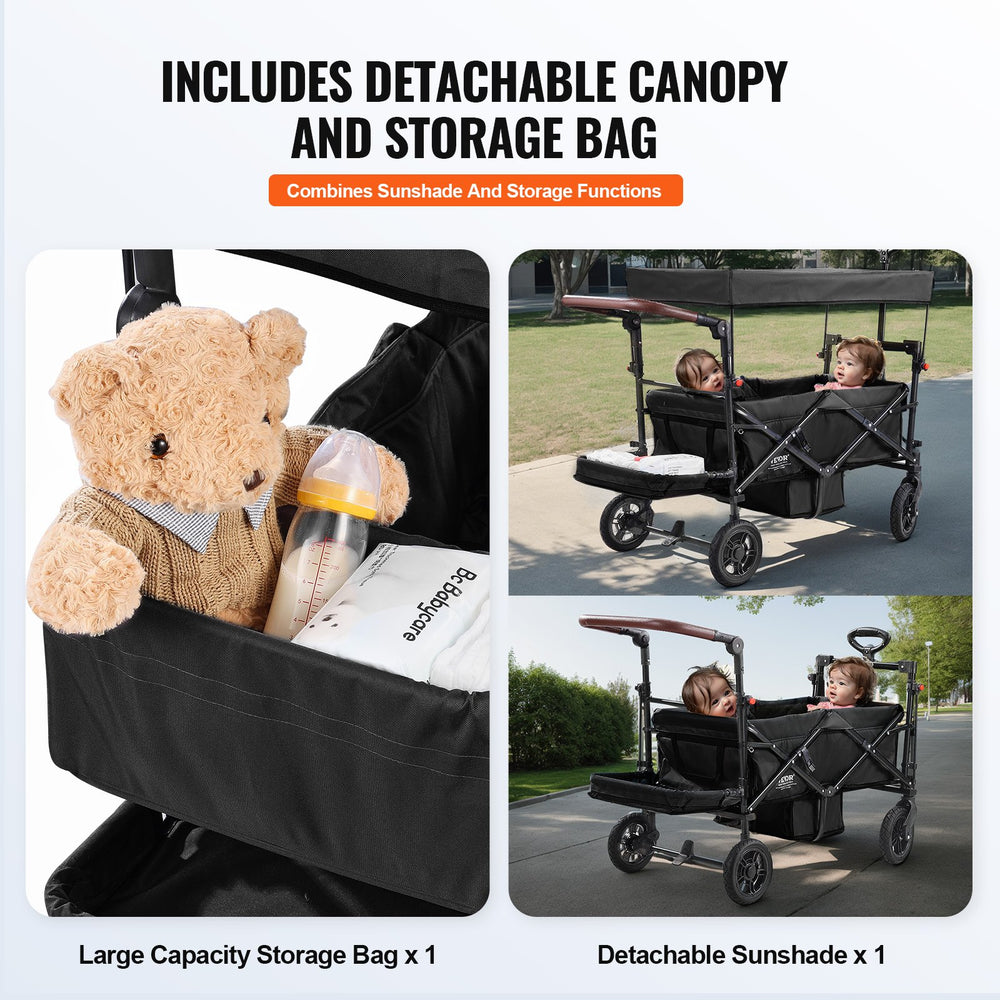 wagon stroller with storage VEVOR Wagon Stroller for 2 Kids Collapsible Push Pull Tandem Stroller With Adjustable Handle Removable Canopy 4 Wheels With Brakes Dark Grey