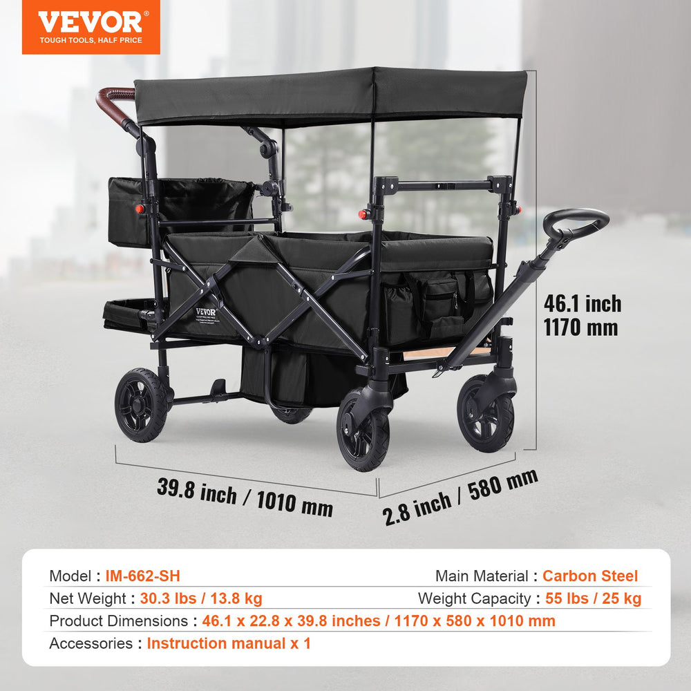 2 in 1 wagon stroller VEVOR Wagon Stroller for 2 Kids Collapsible Push Pull Tandem Stroller With Adjustable Handle Removable Canopy 4 Wheels With Brakes Dark Grey