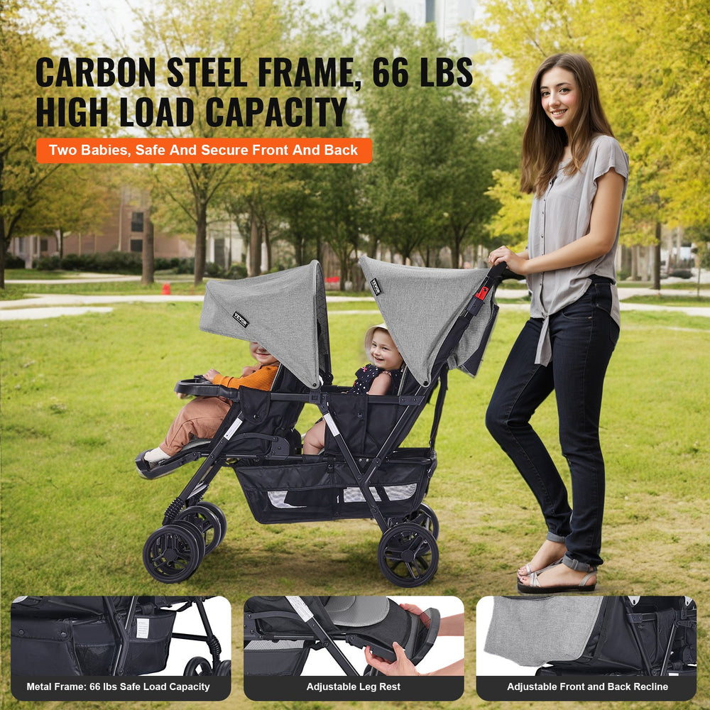 front to back double stroller Vevor Double Stroller Foldable Lightweight with Front and Back Seating New Light Gray + Black