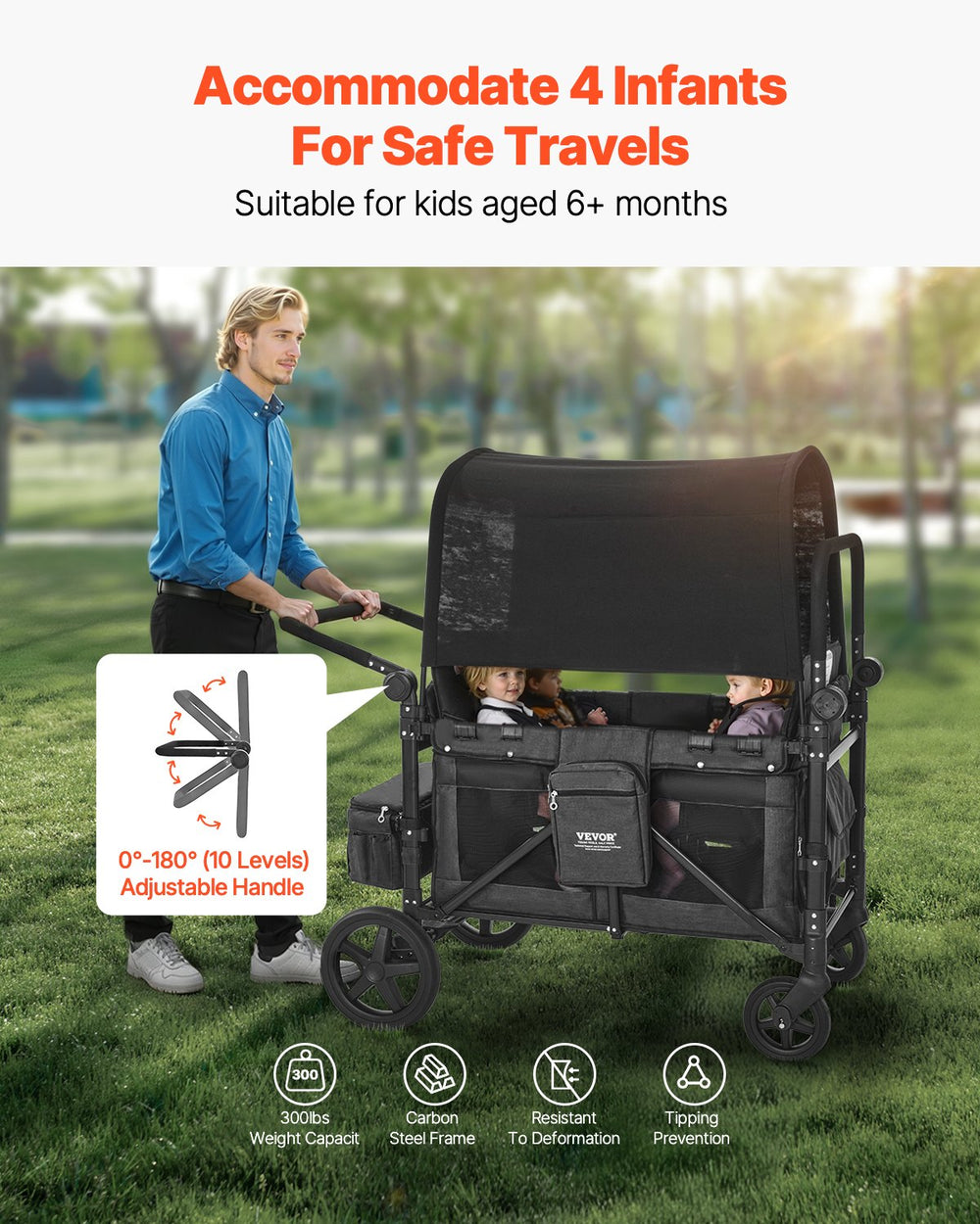 Vevor Wagon Stroller for 4 Kids Collapsible Push Pull 330lbs Capacity New