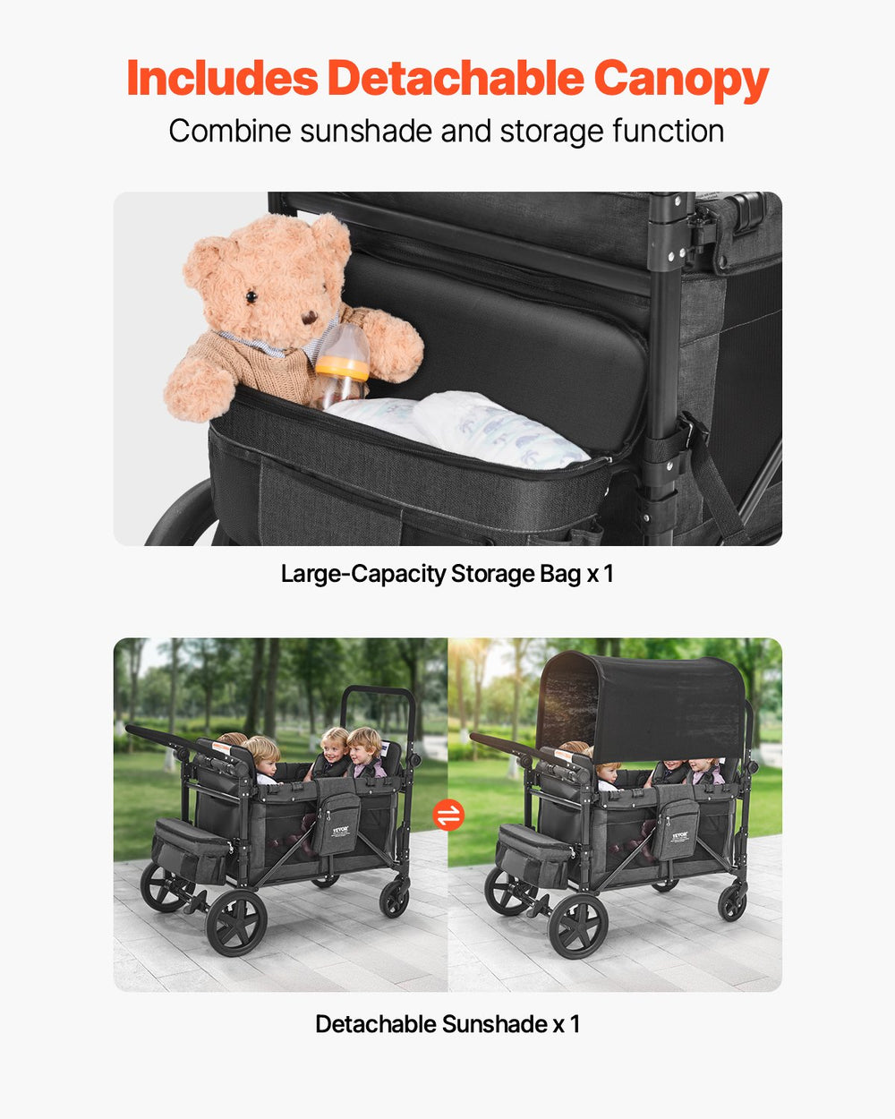 Vevor Wagon Stroller for 4 Kids Collapsible Push Pull 330lbs Capacity New