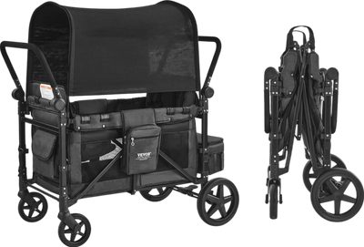 VEVOR Wagon Stroller for 4 Kids Push Pull Quad Collapsible Stroller with Adjustable Handle Safety Harness & Removable Canopy 4-Seater Stroller Wagon