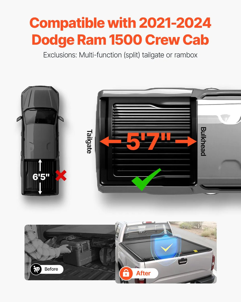 Vevor Retractable Tonneau Hard Cover 5.7 Ft. for Dodge Ram 1500 New