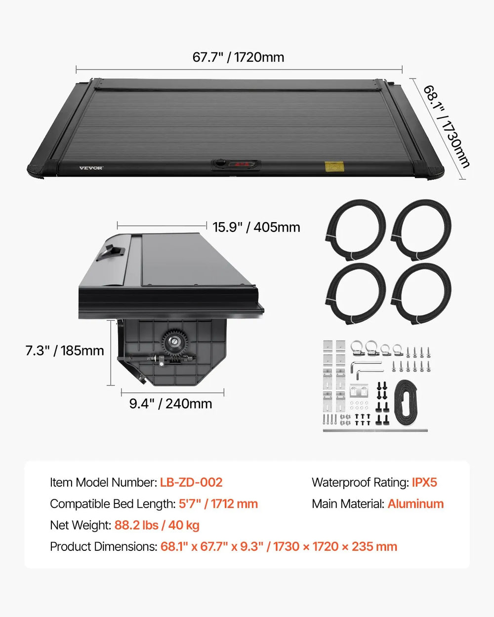 Vevor Retractable Tonneau Hard Cover 5.7 Ft. for Dodge Ram 1500 New