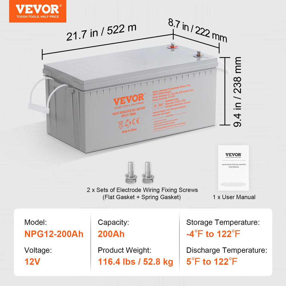 Vevor Deep Cycle Battery 12V 200Ah AGM Marine Rechargeable Battery New