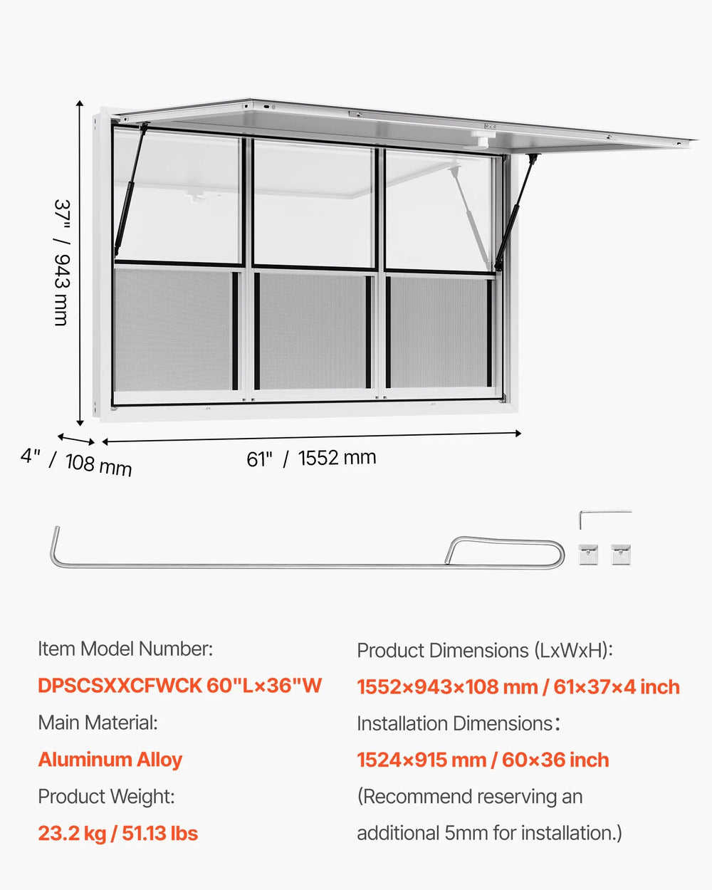 Vevor Concession Window 60" x 36" Aluminum Alloy with Sliding Panes and Awning Door New