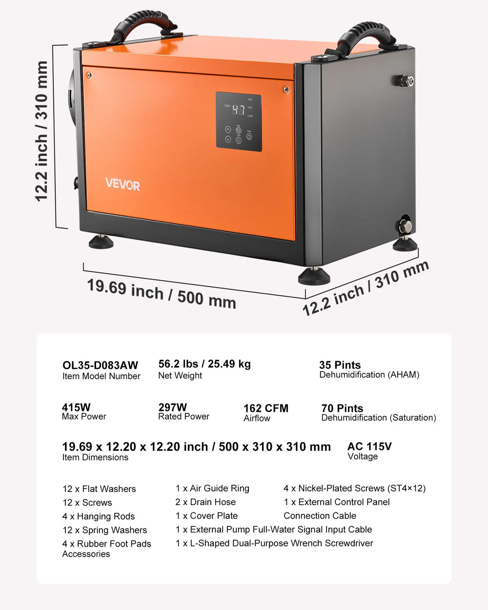 Vevor Commercial Dehumidifier with Pump 70 Pints Auto Defrost/Drainage New